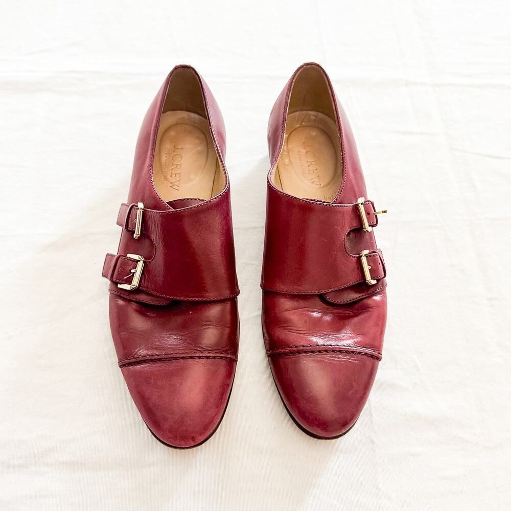 J. Crew Collection Double Monk Strap Loafer Shoes Burgundy Leather Size 6 Italy